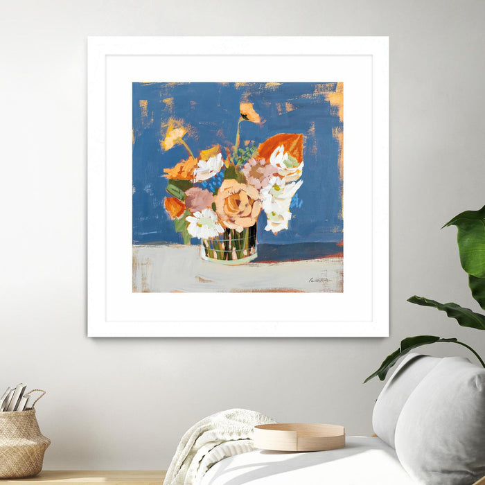 \"Peach And White Bouquet\" Matted and Framed White 36x36 Wall Art