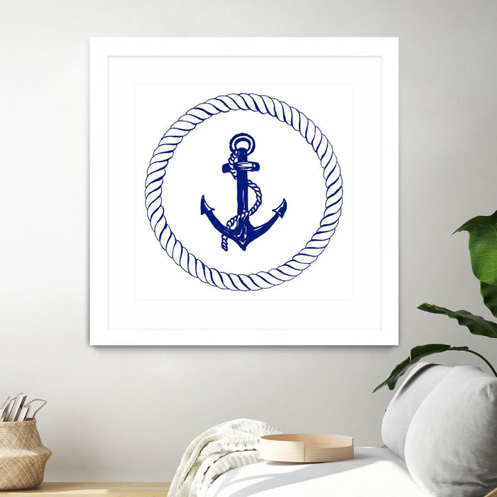 \"Blue Nautical Circle I\" Matted and Framed White 36x36 Wall Art