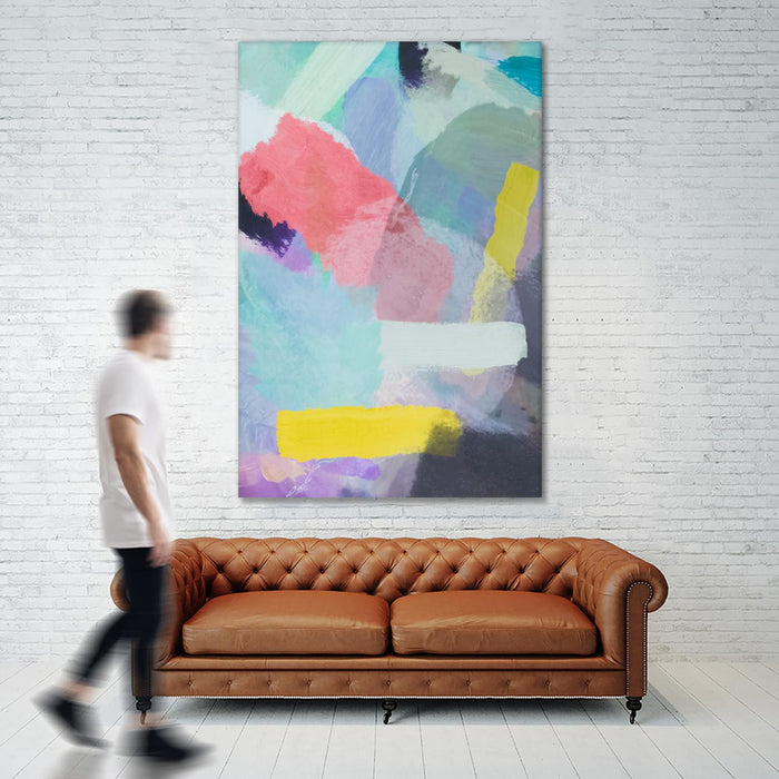 \"Brush Painting Texture Abstract In Blue Pink Yellow Green\" Giant Art 84x54 Wall Art