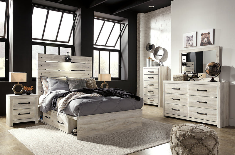 Abby 5pc Bedroom Set with Side Storage Bed, Dresser & Mirror, LED, USB, White - Full Size