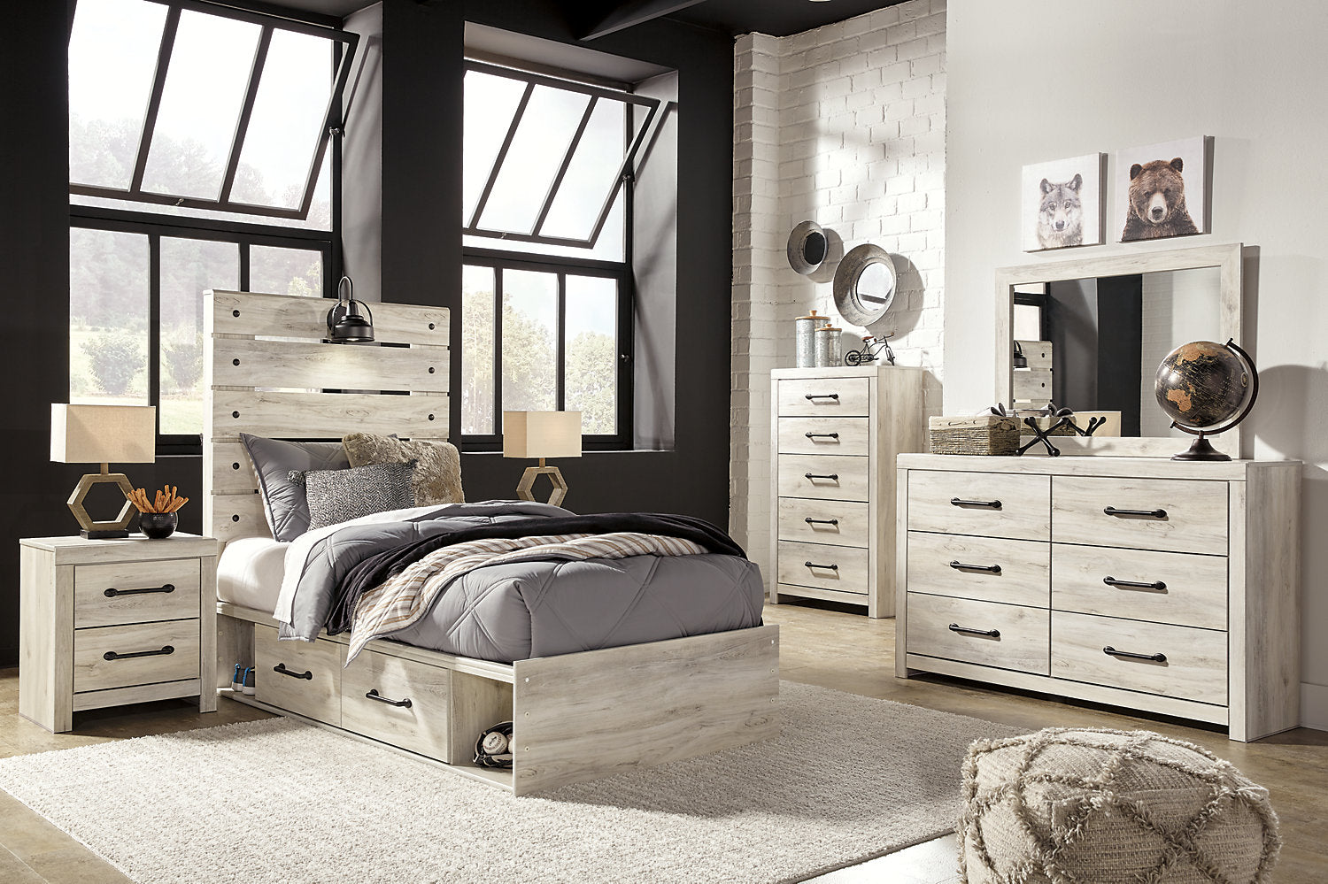 Abby 5pc Bedroom Set with Side Storage Bed Dresser Mirror for Ki. The Brick