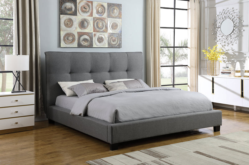 Asha Upholstered Platform Bed in Grey Fabric, Tufted - King Size