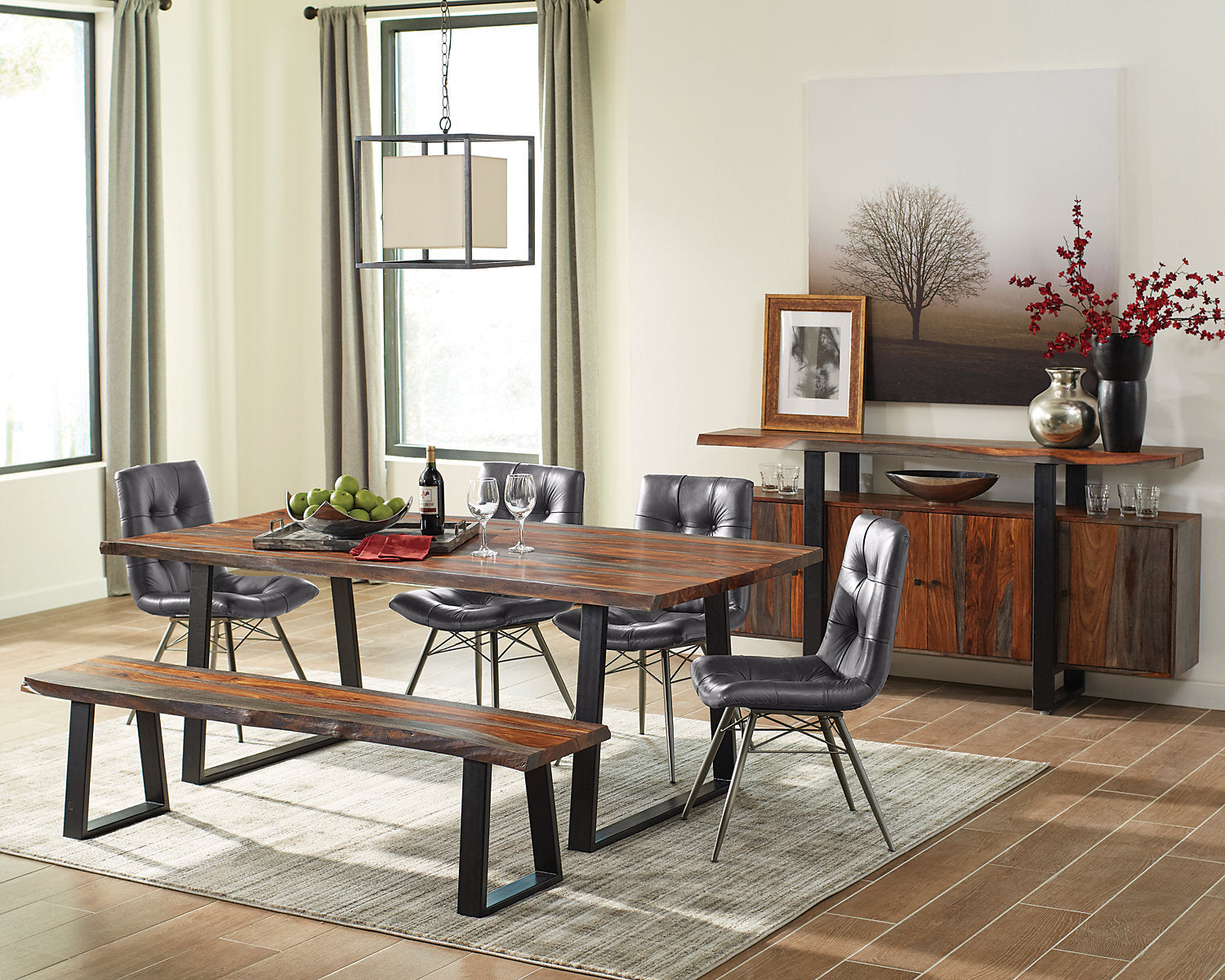 Bowery 6pc Dining Set with Table, Bench Avis Chairs, Sheesham