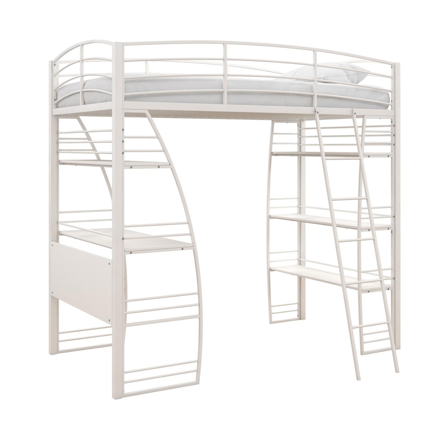 DHP Sage Studio Metal Loft Bed with Integrated Desk and Shelves Twin Off White