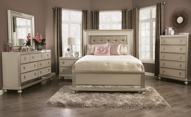 Diva Panel Bed with Headboard & Frame, Glam, Vegan Leather, Silver - Queen Size