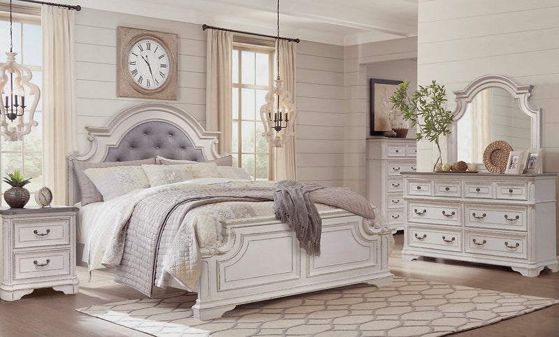 Grace 6pc Bedroom Set with Bed, Dresser, Mirror & Nightstand, Wooden, Fabric, Antique White - Queen Size