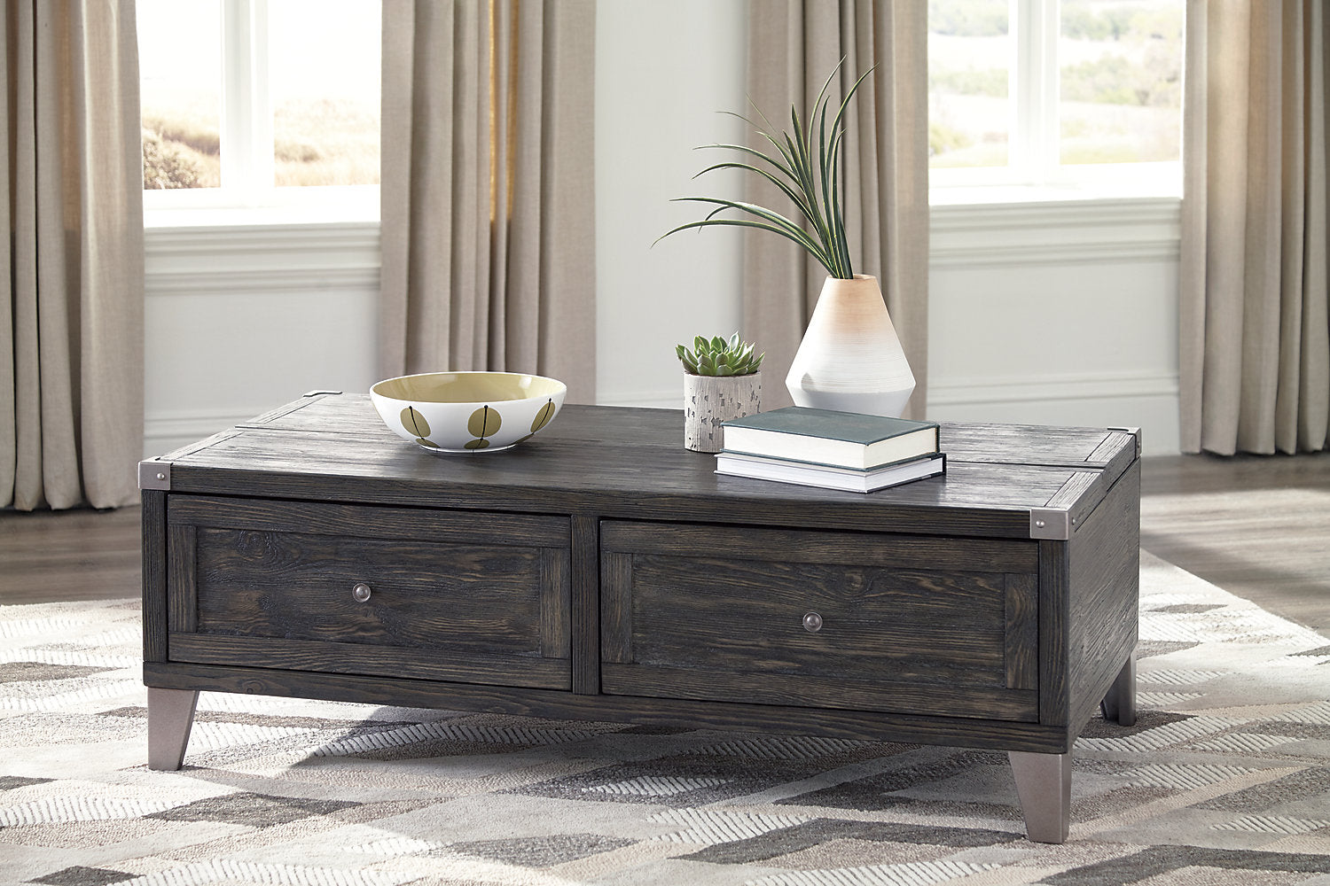 Hilla 54.38 Industrial Lift Top Coffee Table with Storage Dark The Brick