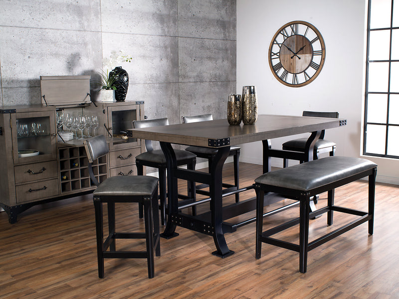 Ironworks 6pc Counter-Height Dining Set with Table, Bench & 4 Chairs, Metal, Trestle-Base, 72\"W - Grey