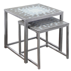 2pcs Set Grey Blue Tile Top Silver Nesting Table