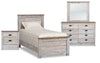 Kaia 6pc Bedroom Set with Panel Bed, Dresser, Mirror & Nightstand for Kids, Whitewash - Twin Size