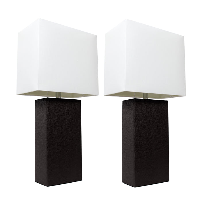 Elegant Designs 2 Pack Modern Leather Table Lamps with White Fabric Shades, Black Lamp Set