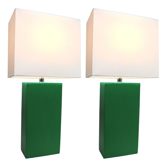 Elegant Designs 2 Pack Modern Leather Table Lamps with White Fabric Shades, Green Lamp Set