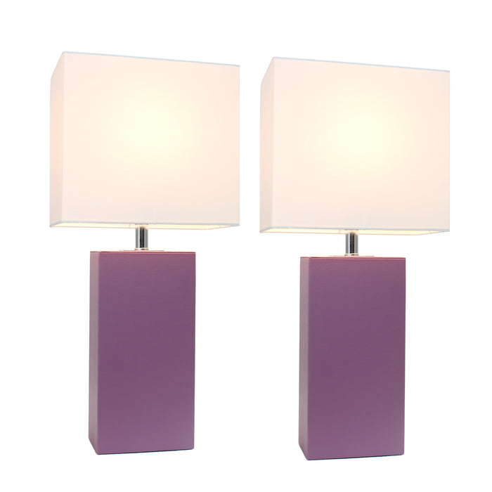 Elegant Designs 2 Pack Modern Leather Table Lamps with White Fabric Shades, Purple Lamp Set