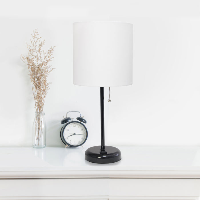 Limelights Black Stick Lamp with Charging Outlet And Fabric Shade 2 Pack Set, White Lamp Set