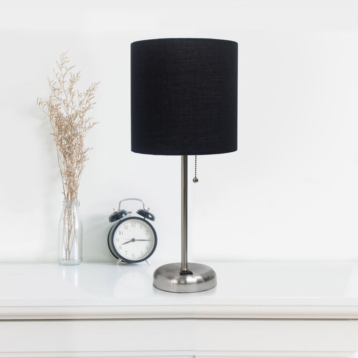 Limelights Brushed Steel Stick Lamp with Charging Outlet And Fabric Shade 2 Pack Set, Black Lamp Set