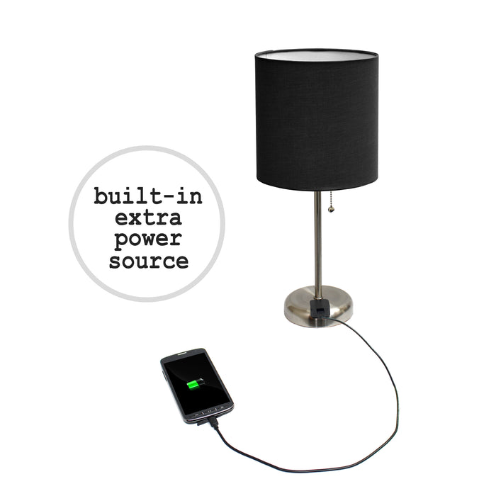 Limelights Brushed Steel Stick Lamp with Charging Outlet And Fabric Shade 2 Pack Set, Black Lamp Set