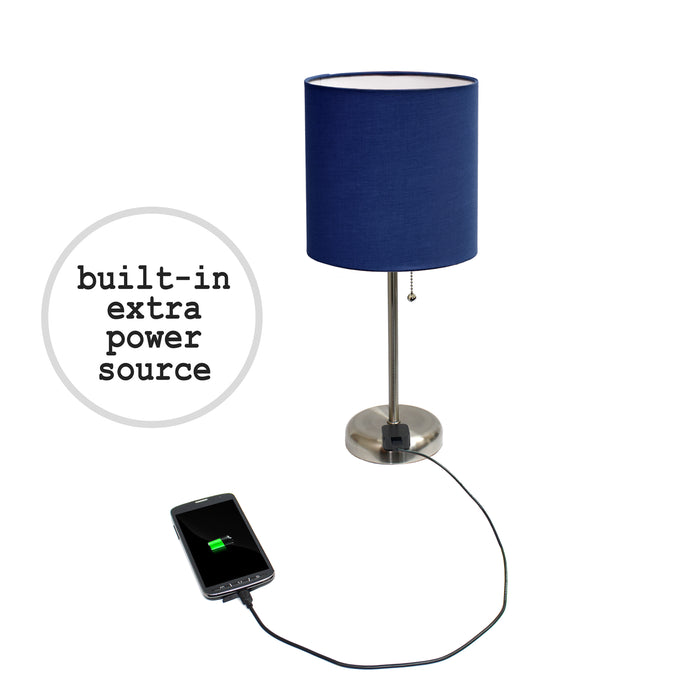Limelights Brushed Steel Stick Lamp with Charging Outlet And Fabric Shade 2 Pack Set, Navy Lamp Set