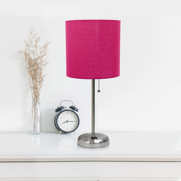 Limelights Brushed Steel Stick Lamp with Charging Outlet And Fabric Shade 2 Pack Set, Pink Lamp Set