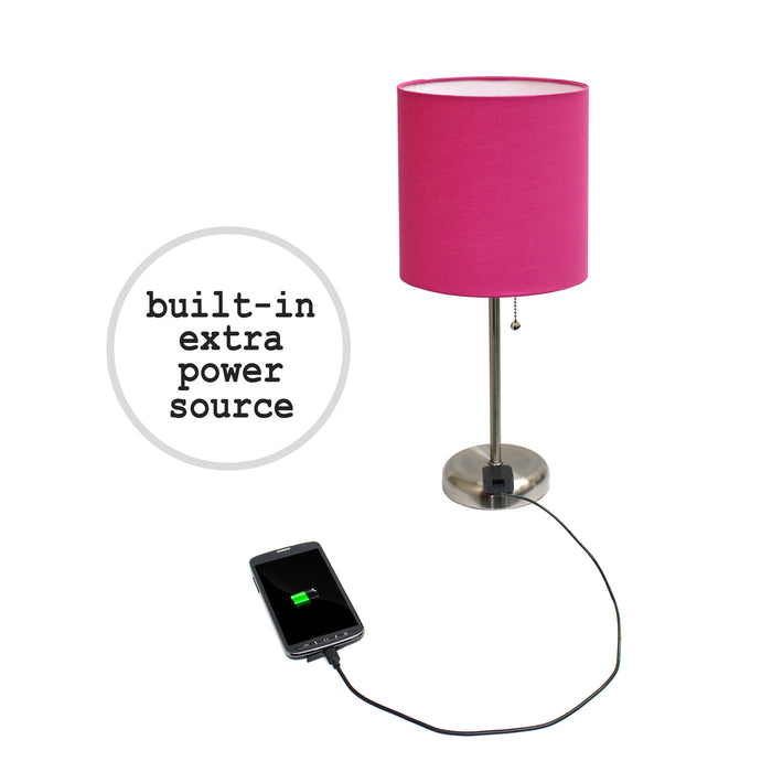 Limelights Brushed Steel Stick Lamp with Charging Outlet And Fabric Shade 2 Pack Set, Pink Lamp Set