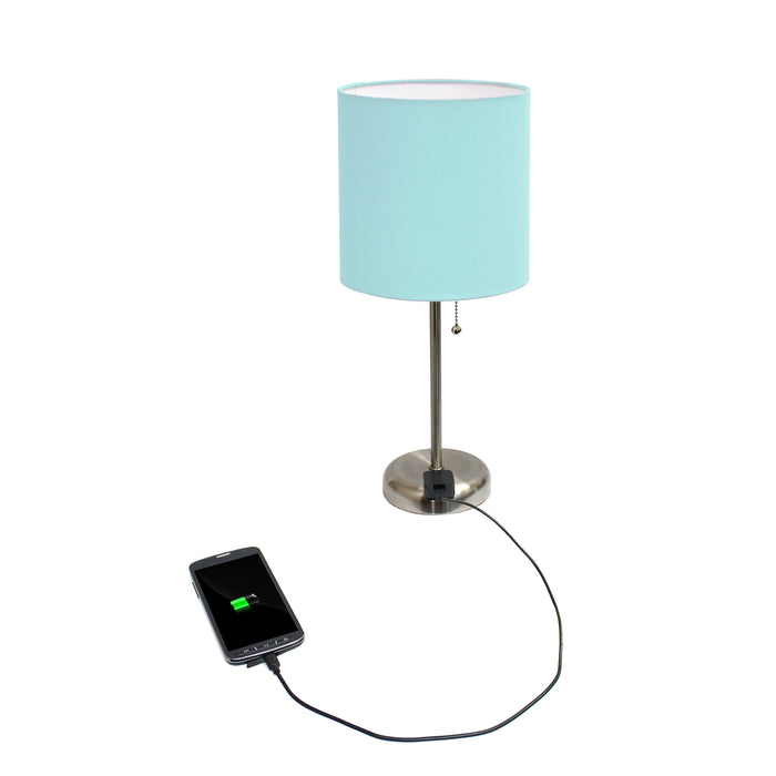 Limelights Stick Lamp with Charging Outlet And Fabric Shade, Aqua Table Lamp