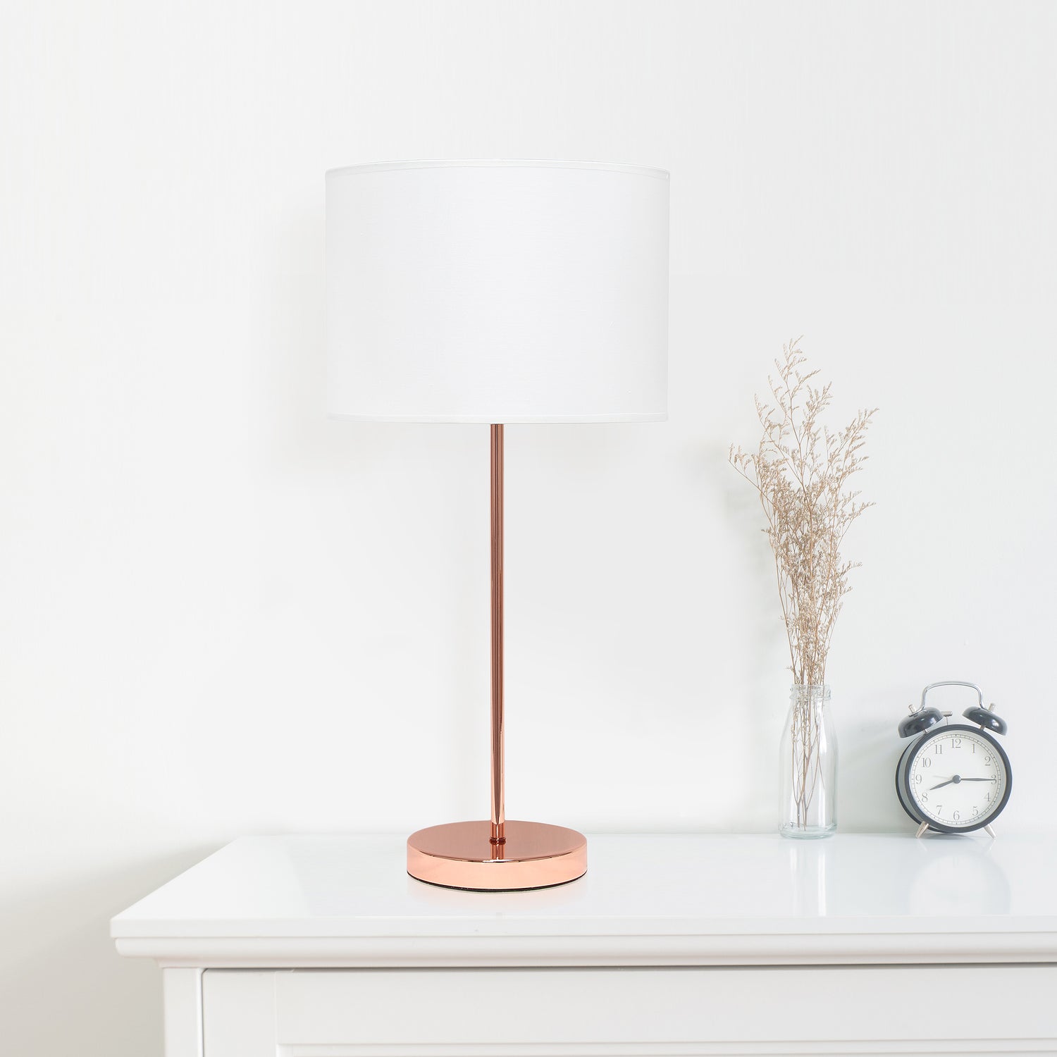 Simple Designs Rose Gold Stick Lamp with Fabric Shade, White Table