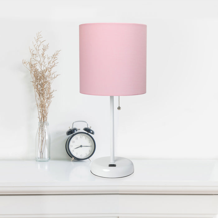 Limelights White Stick Lamp with Usb Charging Port And Fabric Shade, Light Pink Table Lamp