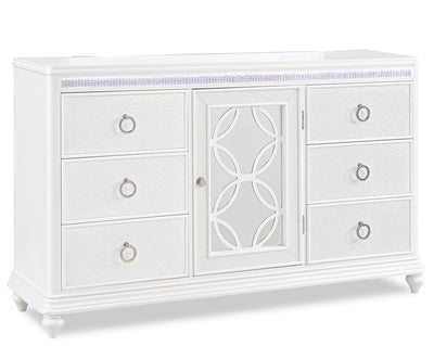 Ava Bedroom 7-Drawer Dresser with LED Light, 67"W x 39"H, Glam - White | Commode somptueuse Ava de 67 po (L) x 39 po (H) à 7 tiroirs avec éclairage à DEL pour la chambre à coucher - blanche