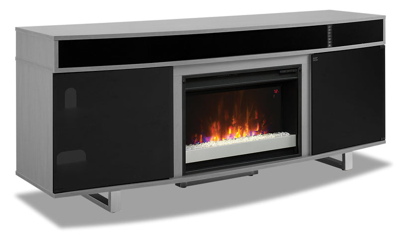 Odesos 72" TV Stand with Glass Ember Firebox and Soundbar - Grey