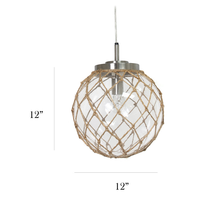 Elegant Designs Buoy Netted Brushed Nickel Coastal Ocean Sea Glass Pendant with Natural Rope, Clear