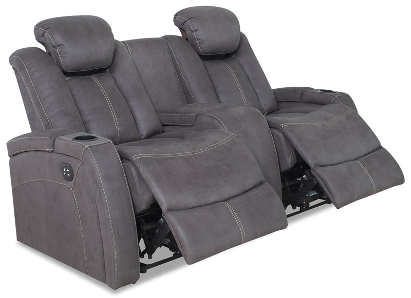 Ross 72.5\" Faux Suede Fabric Power Reclining Loveseat with Power Headrests and Storage Console - Pewter Grey