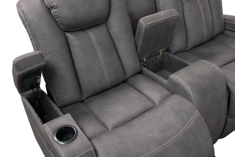 Ross 72.5\" Faux Suede Fabric Power Reclining Loveseat with Power Headrests and Storage Console - Pewter Grey