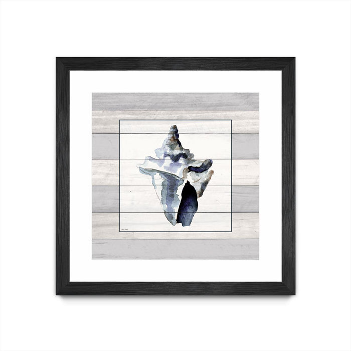 \"Muted Blue Sea Conch On Wood\" Matted and Framed Black 30x30 Wall Art