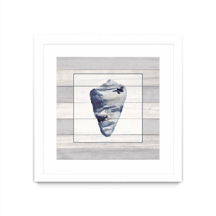\"Muted Blue Shell On Wood\" Matted and Framed White 36x36 Wall Art