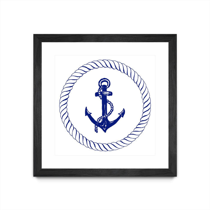 \"Blue Nautical Circle I\" Matted and Framed Black 36x36 Wall Art
