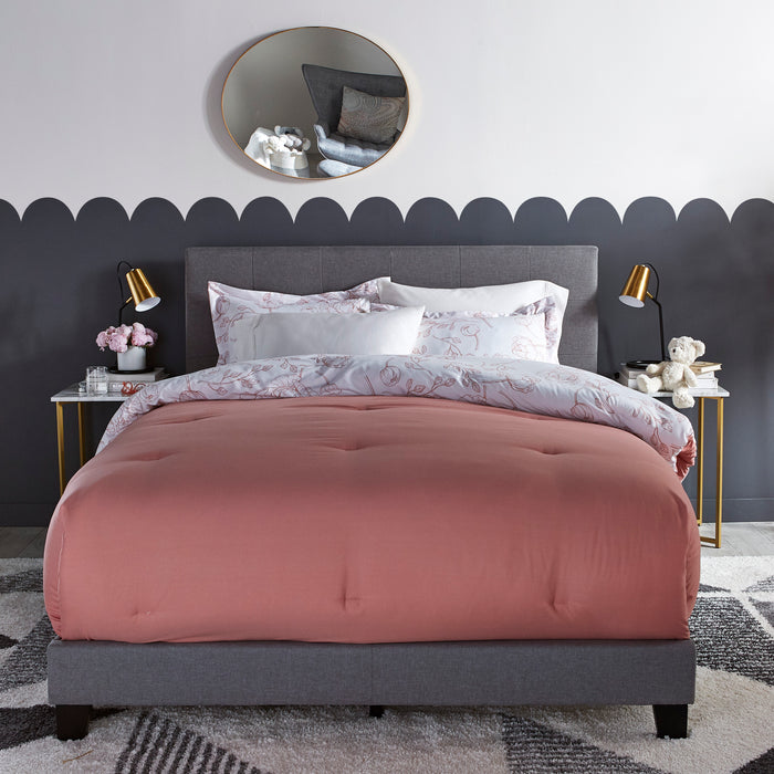 Tara Upholstered Bed in Grey Linen-Look Fabric, Button Tufted - Full Size