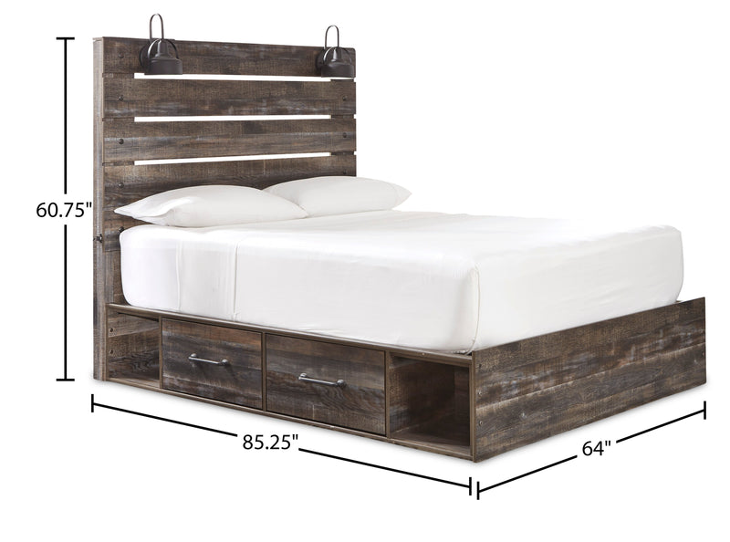 Abby 5pc Bedroom Set with Side Storage Bed, Dresser & Mirror, LED, USB, Brown - Queen Size
