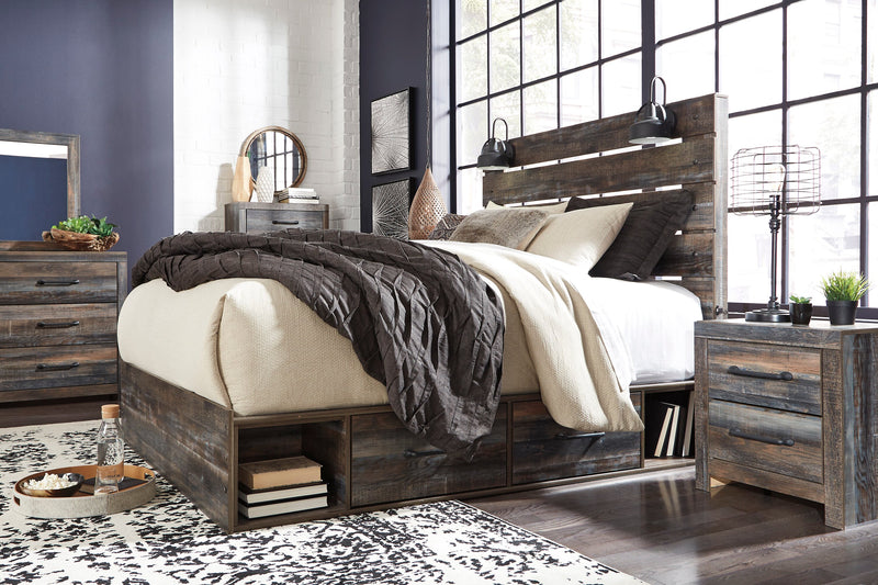 Abby 5pc Bedroom Set with Side Storage Bed, Dresser & Mirror, LED, USB, Brown - Queen Size