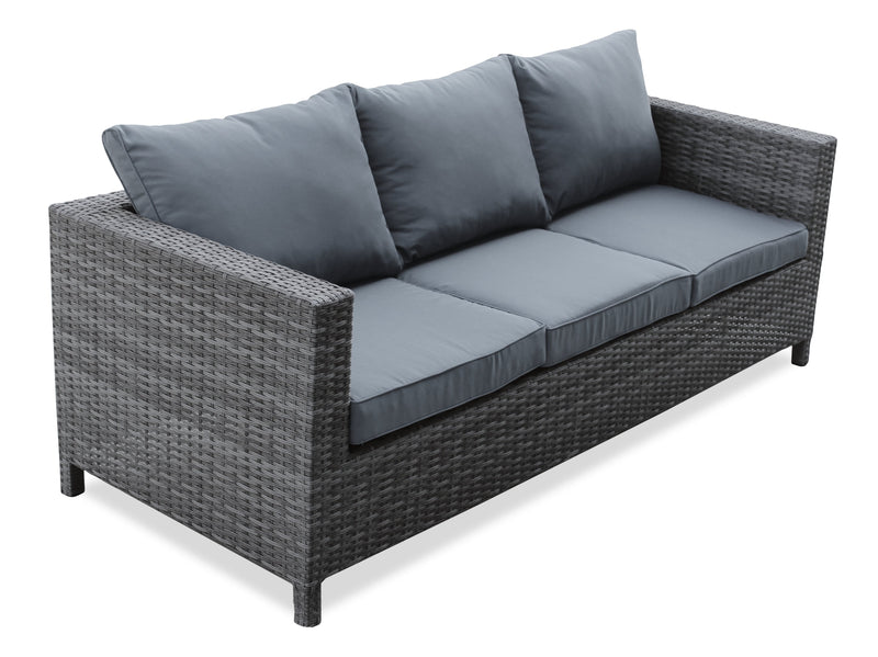 Athens 3-Piece Outdoor Patio Conversation Set with Sofa, Ottoman & Glass Top Coffee Table - Hand-Woven Resin Wicker, UV & Weather Resistant - Grey