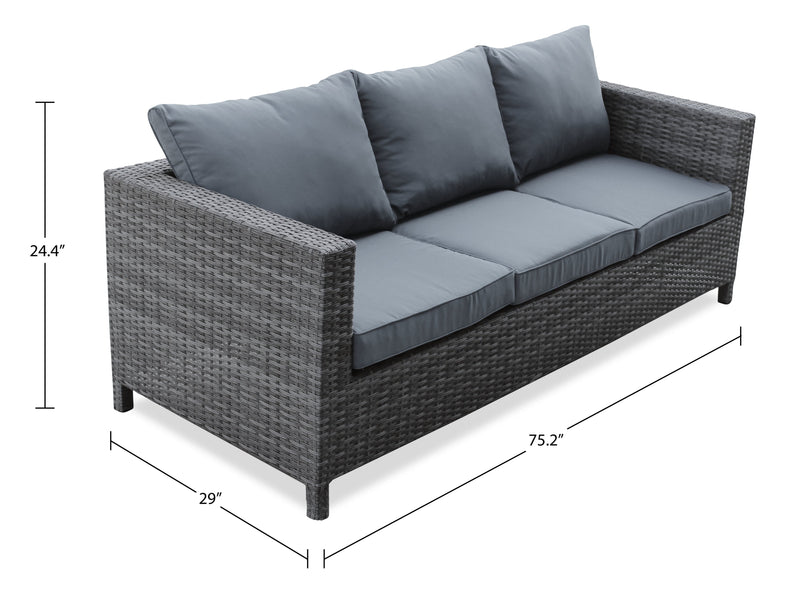 Athens 3-Piece Outdoor Patio Conversation Set with Sofa, Ottoman & Glass Top Coffee Table - Hand-Woven Resin Wicker, UV & Weather Resistant - Grey