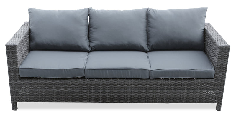 Athens 3-Piece Outdoor Patio Conversation Set with Sofa, Ottoman & Glass Top Coffee Table - Hand-Woven Resin Wicker, UV & Weather Resistant - Grey