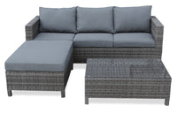 Athens 3-Piece Outdoor Patio Conversation Set with Sofa, Ottoman & Glass Top Coffee Table - Hand-Woven Resin Wicker, UV & Weather Resistant - Grey