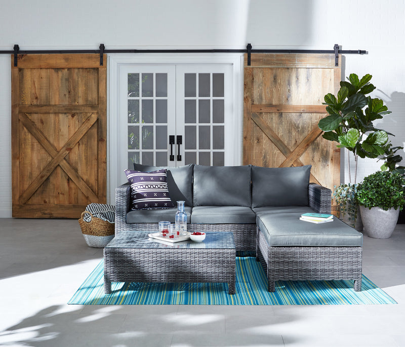 Athens 3-Piece Outdoor Patio Conversation Set with Sofa, Ottoman & Glass Top Coffee Table - Hand-Woven Resin Wicker, UV & Weather Resistant - Grey