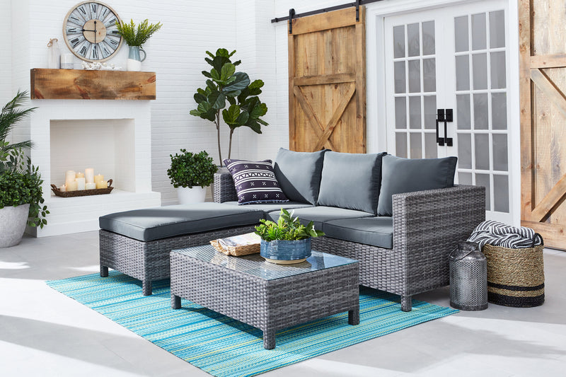 Athens 3-Piece Outdoor Patio Conversation Set with Sofa, Ottoman & Glass Top Coffee Table - Hand-Woven Resin Wicker, UV & Weather Resistant - Grey