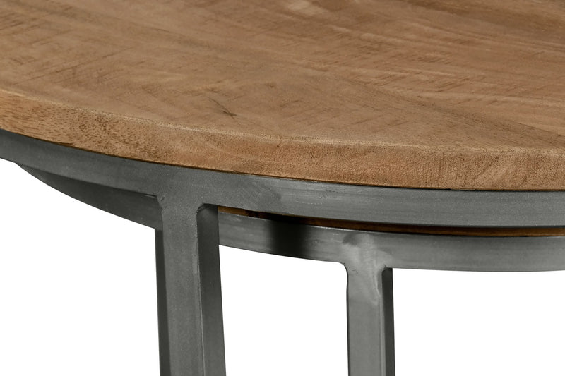 Veranasi 30\" Rustic Round Nesting Coffee Tables - Washed Light Brown Wood Top and Iron Legs
