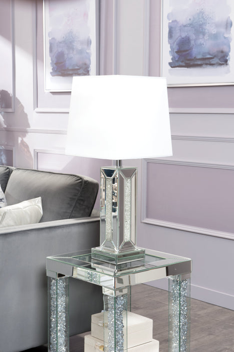 Berni 18\" Glam Mirror & Glass Top End Table with Shelf - Silver Metal with Diamond Look Legs