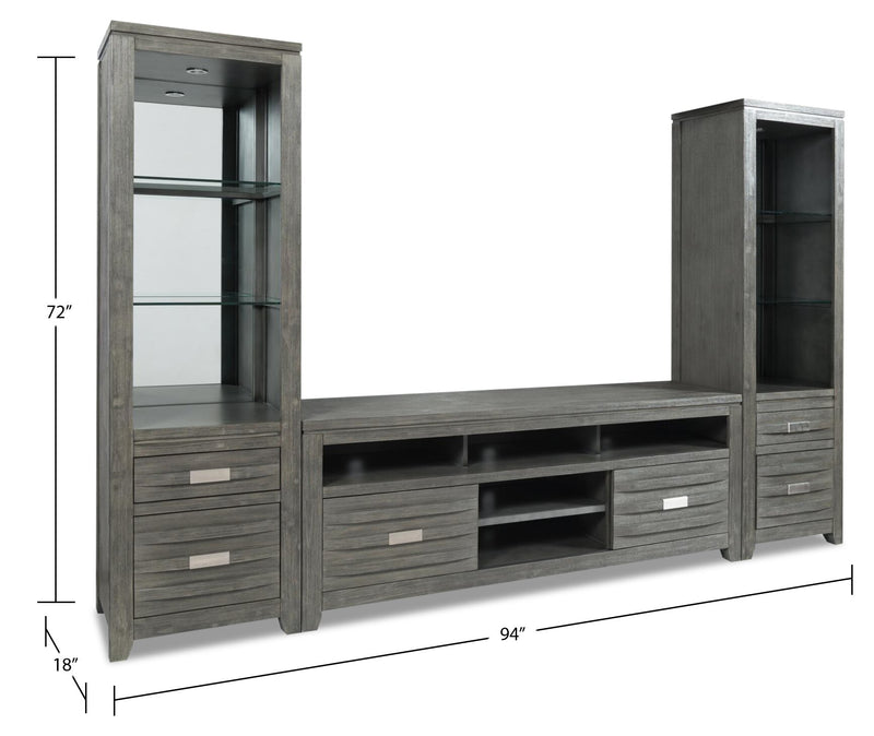 Bronx 94\" 3-Piece Wall Unit Entertainment Centre with Storage and Cable Management for TVs up to 55\"- Grey
