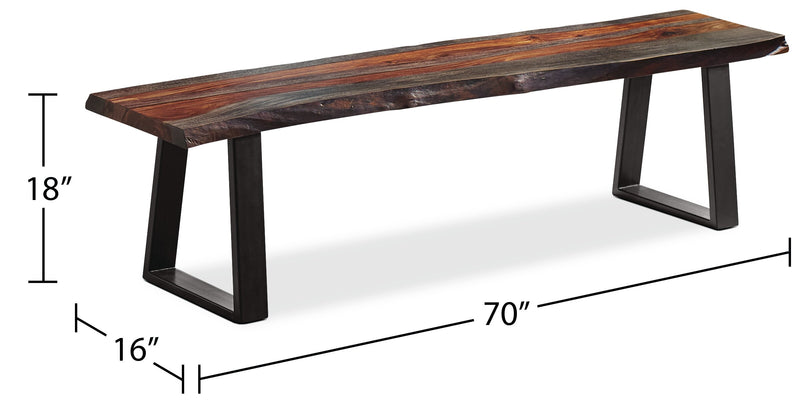 Bowery Dining Bench, Sheesham Wood, Metal, Trapizoid Base, 70\"W - Brown