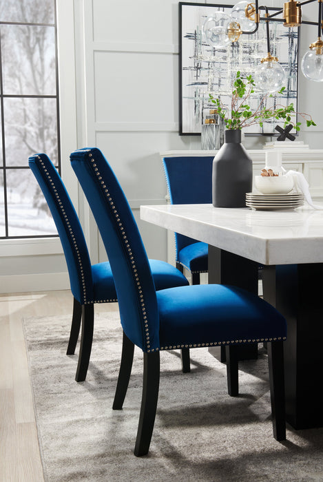 Cami 7pc Dining Set with Table & 6 Blue Chairs, Genuine Marble Top, 70\"W 