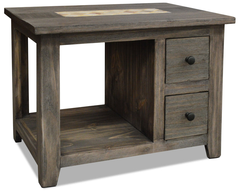 Santa Fe Rusticos Solid Pine End Table with Marble Inset – Grey - Rustic style End Table in Grey Wood/Stone