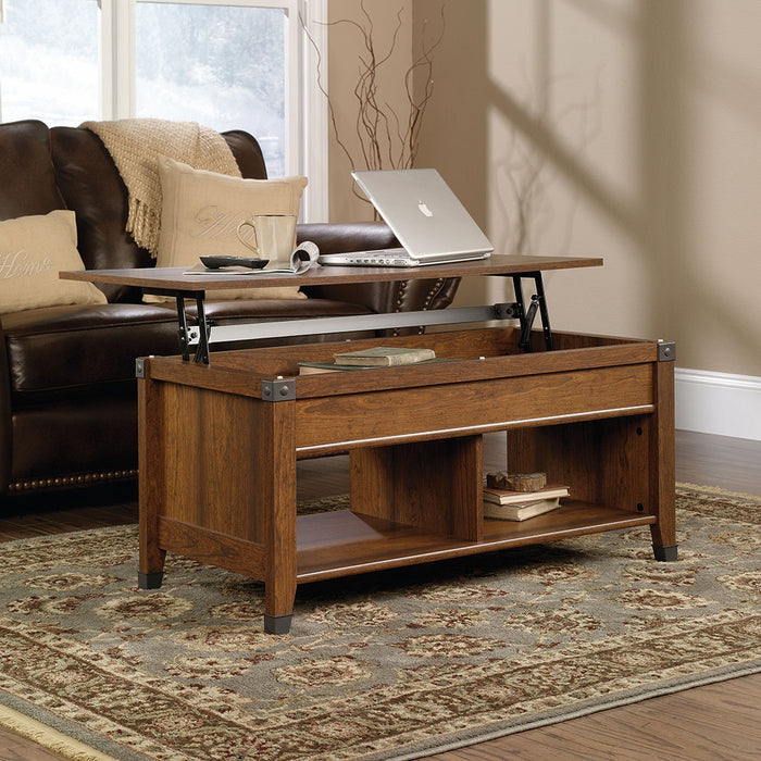 Carson 43.15\" Rustic Lift Top Coffee Table with Storage and Shelf - Cherry Wood with Metal Hardware